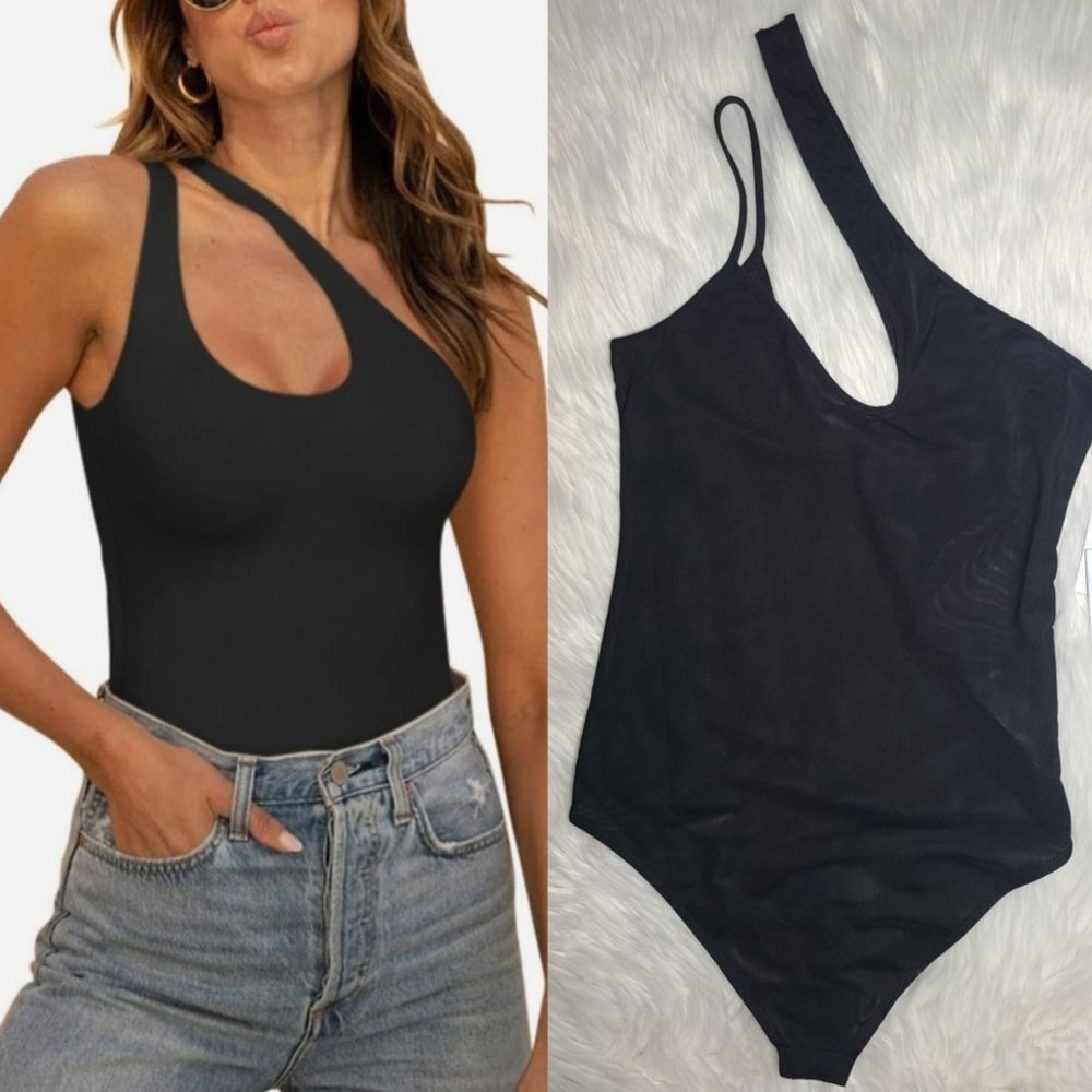 NWT|Good American Asymmetrical Black Mesh Bodysuit, 2